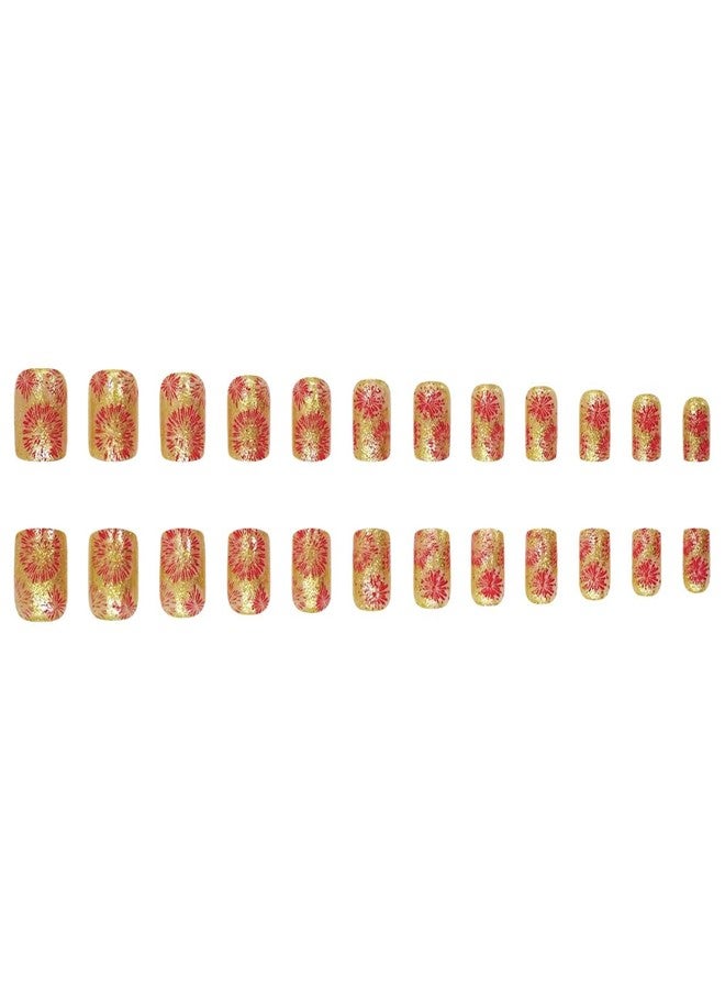 SHUXILIN Christmas Press on Nails Short Medium Square Fake Nails with Red Firework Gold Glitter Designs Full Cover False Nails Sparkling Glossy Acrylic Nails Stick on Nails for Women New Year Decor 24Pcs - Image 5